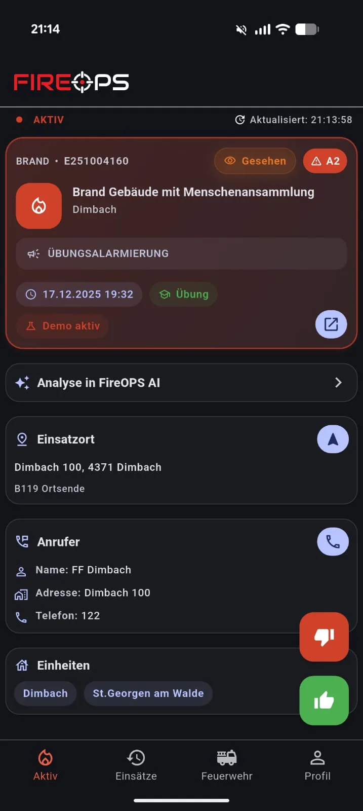 FireOPS Mobile: Alarmbildschirm mit Einsatzart und Adresse