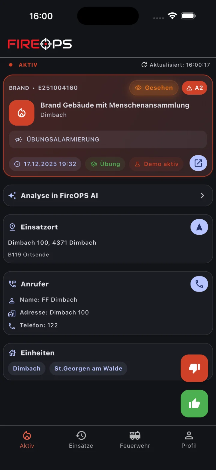 FireOPS Mobile: Alarmdetails mit Einsatzort, Anrufer und Einheiten sowie Komme und Komme nicht
